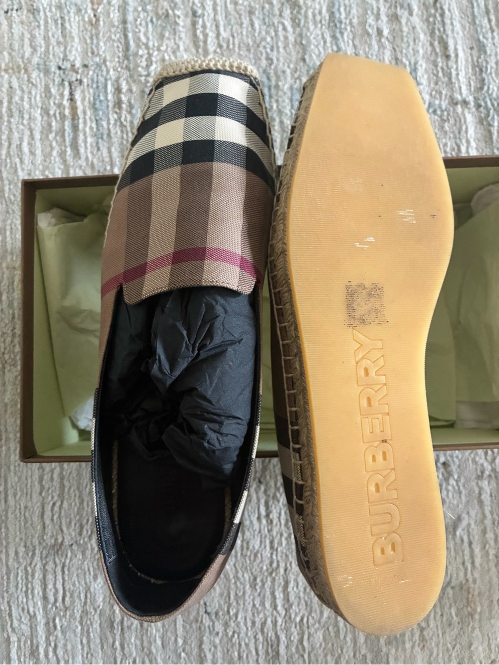 Burberry Beige Check Espadrille Flats with Black Trim